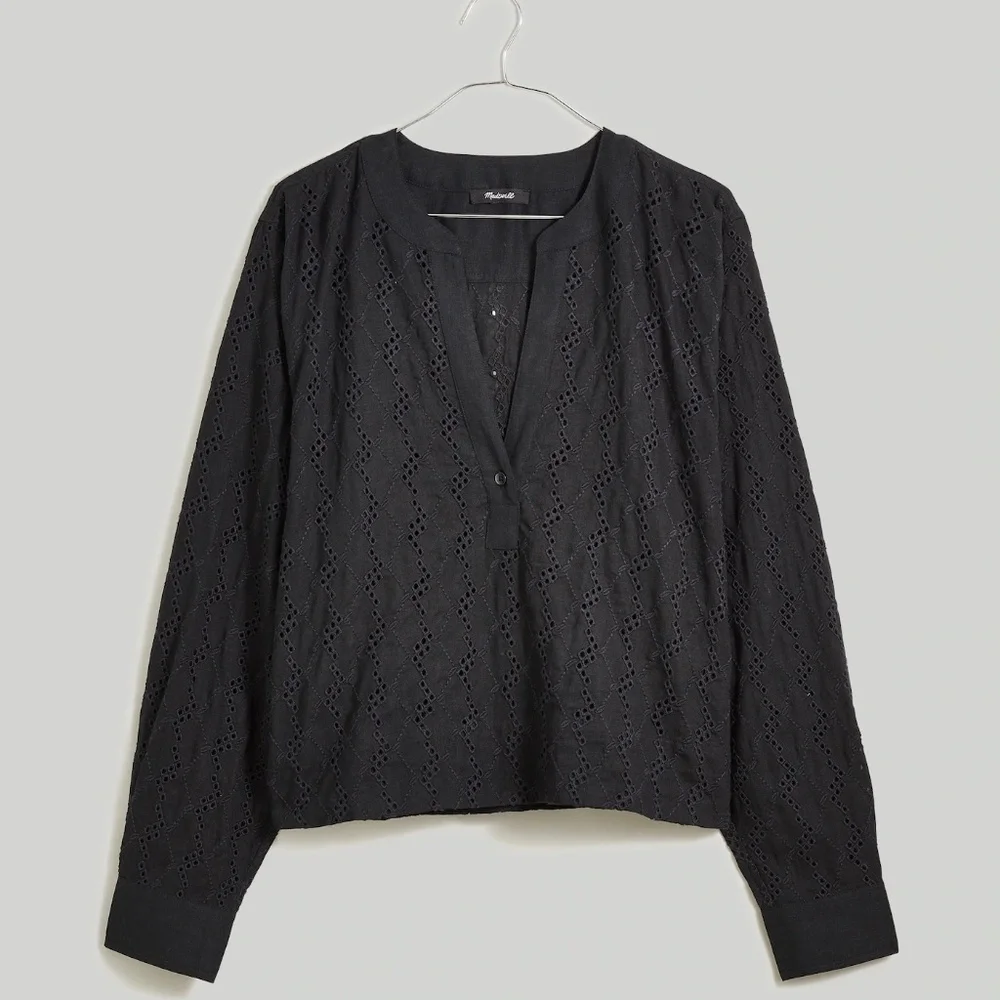 Madewell Long-Sleeve Popover Top in Eyelet – Size X-Small - Picture 3 of 6